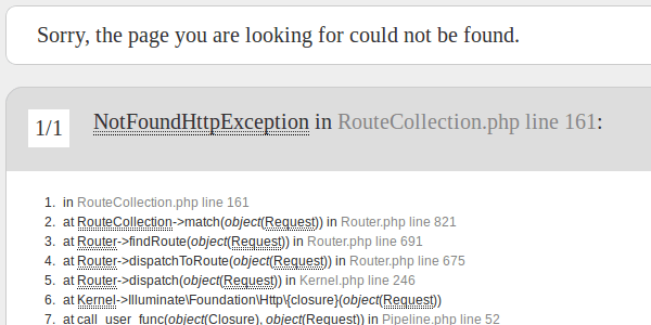 Lỗi Laravel: NotFoundHttpException in RouteCollection.php line 161